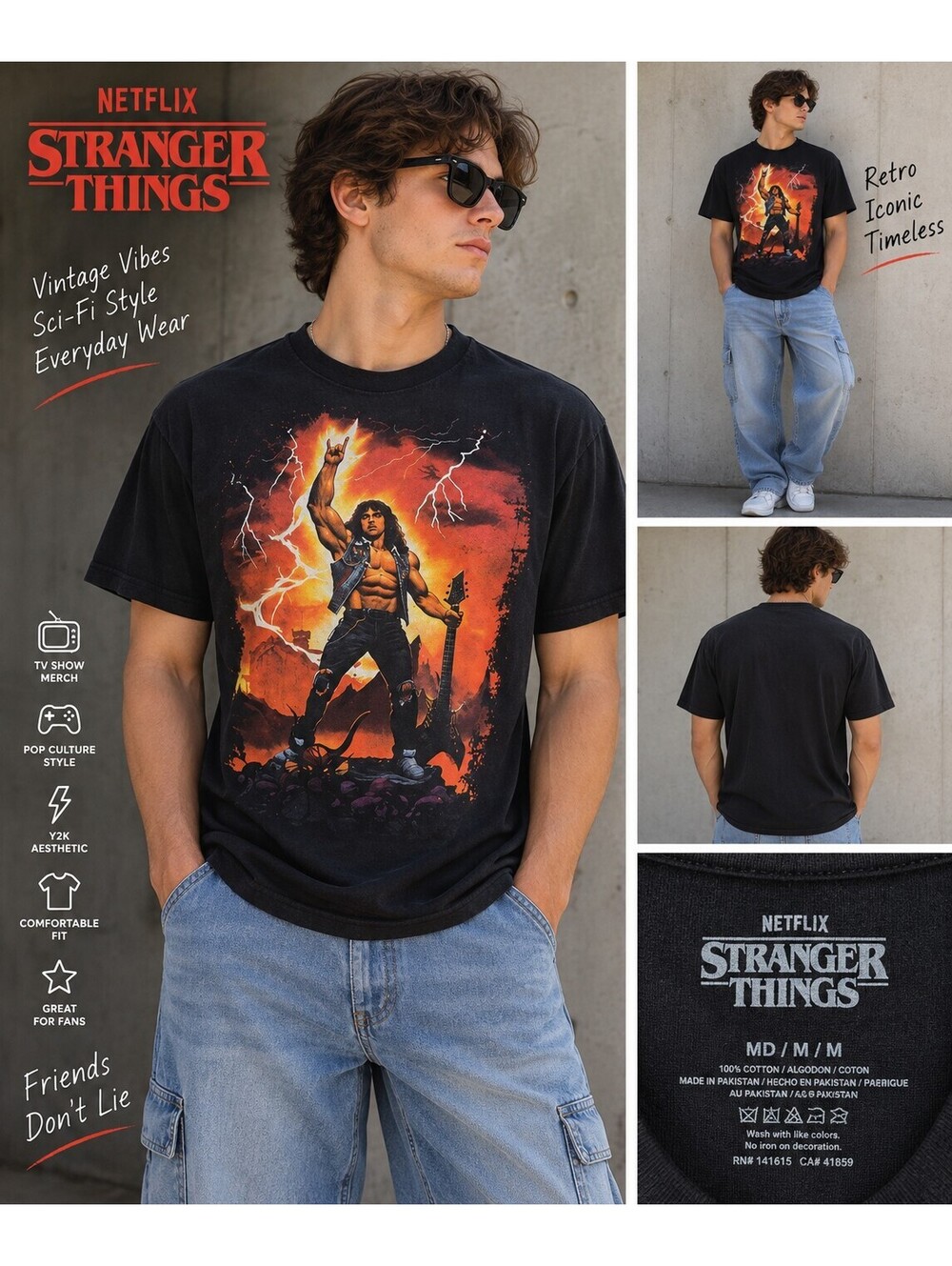Stranger Things Black Graphic Tee Men’s Medium Y2K Sci-Fi Retro Band Tee Style